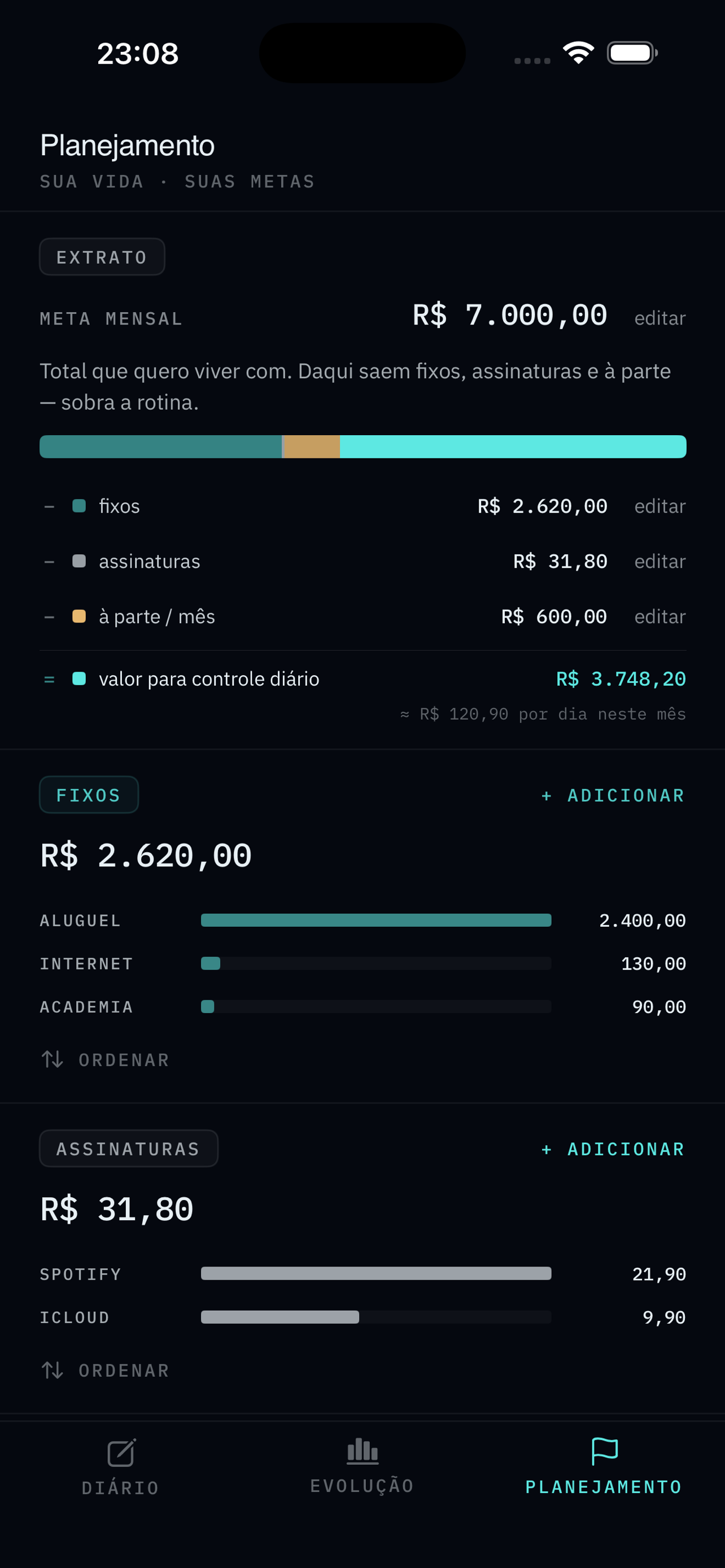 Tela planejamento
